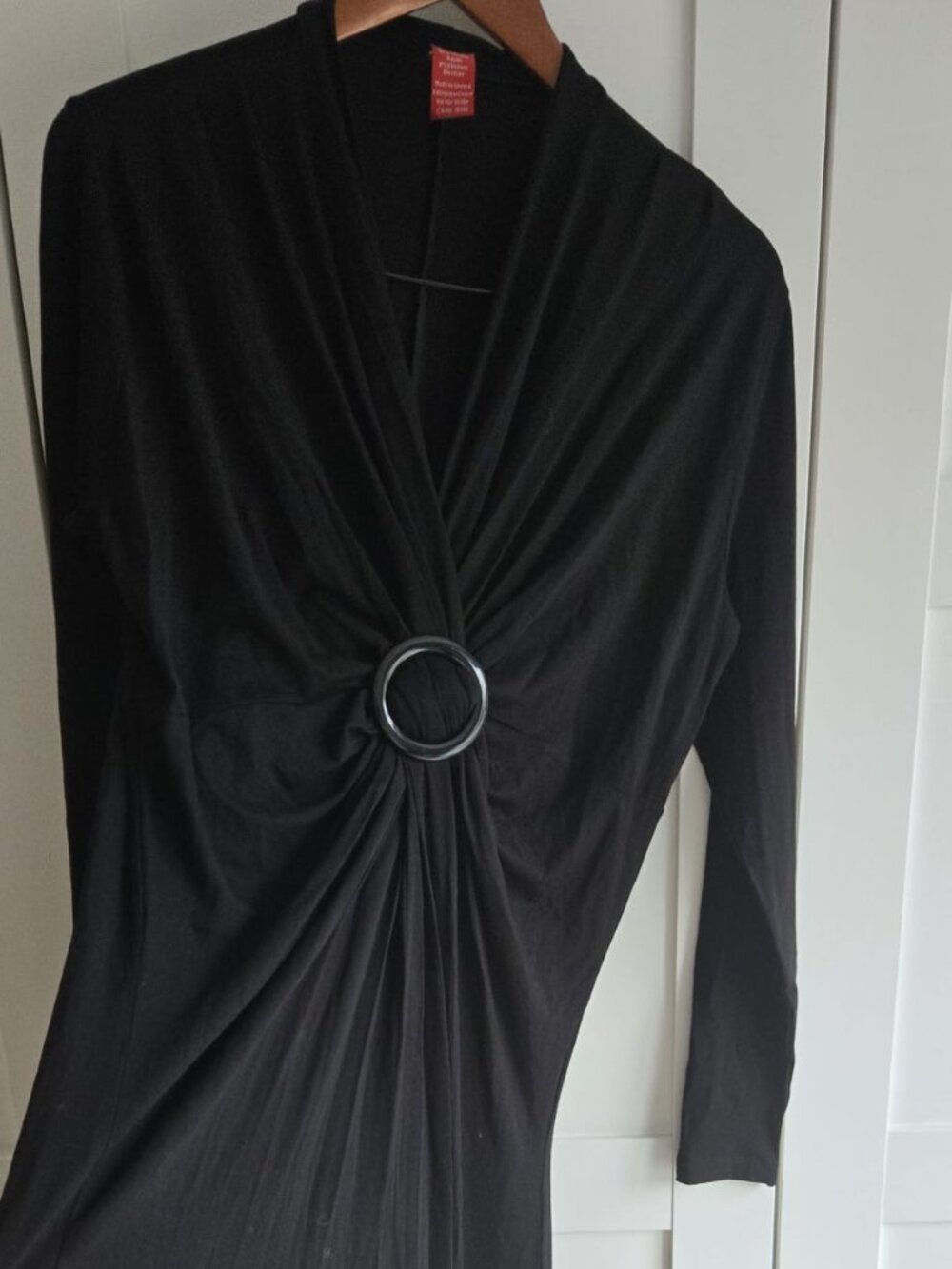 Olsen Europe Black Dress – Draped Front with Ring Detail, Stretch, Elegant, 12 - Picture 3 of 7